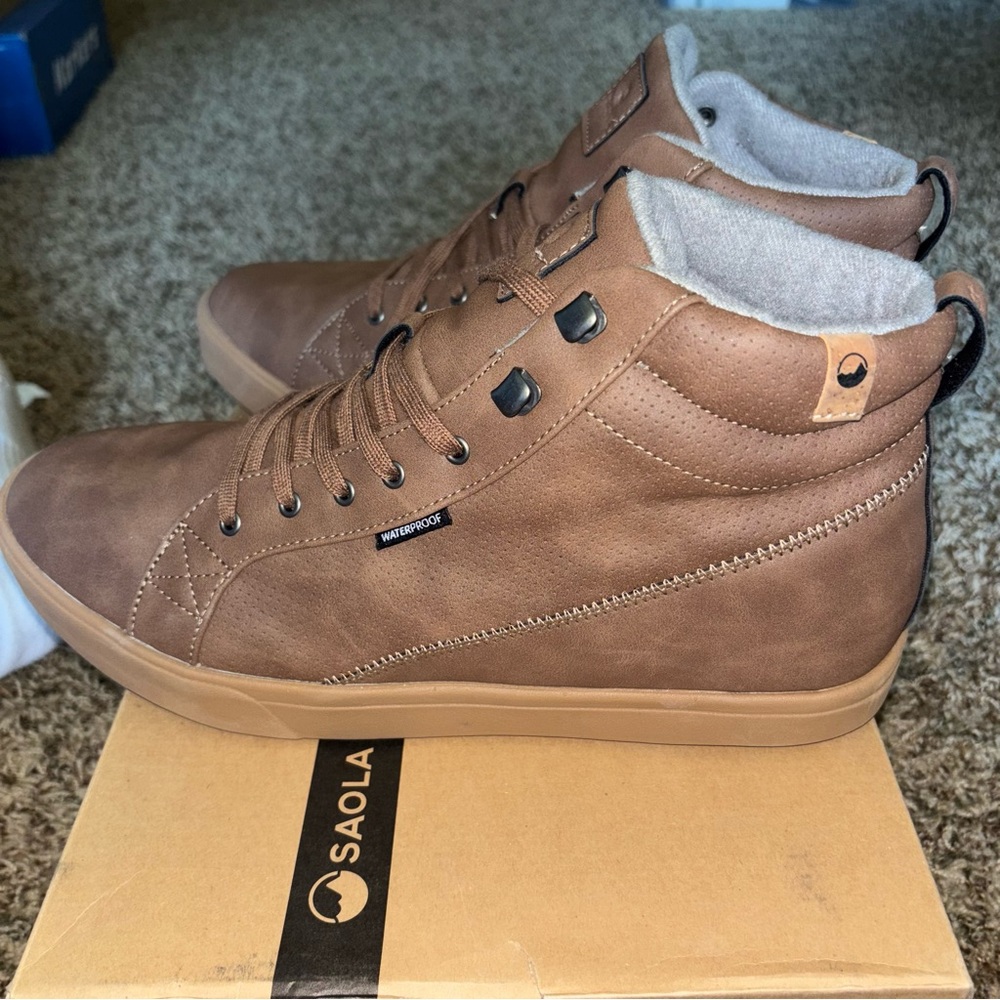 SAOLA Men's Wanaka Waterproof Chocolate Brown Vegan High Top Shoes Size 12 New
